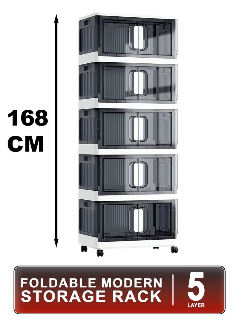 DBLEW 5-Layer Collapsible Storage Cabinet Rack with Wheels – Heavy-Duty PP, Glossy Modern Finish, Foldable & Portable, Secure Double Door Lock – Multi-Layer Organizer for Home, Office & Outdoor Use (70x34x168 cm) - Image 2